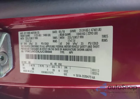 2018 Ford Escape Se из США, поврежденный, VIN 1FMCU9GDXJUC58840